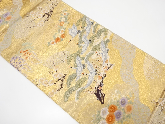 群鶴に松・枝梅模様織り出し　袋帯